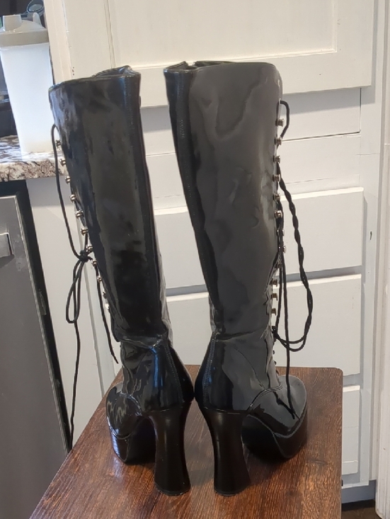 Glossy Black Lace-Up Platform Boots - Picture 12 of 13